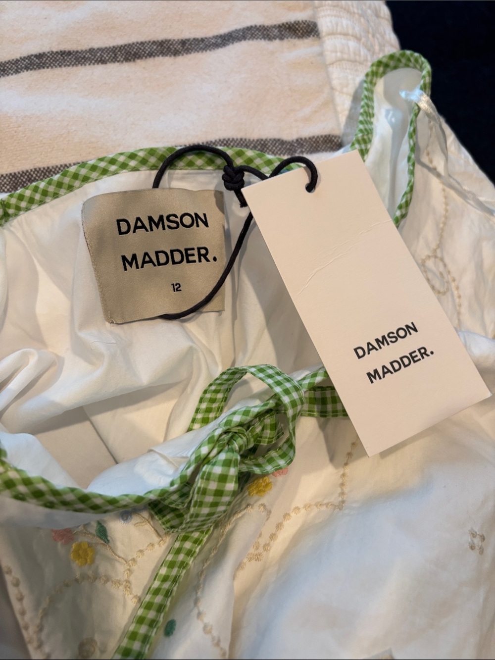 Damson Madder White Embroidered Long Sleeve Dress with Green Trim - Picture 8 of 9